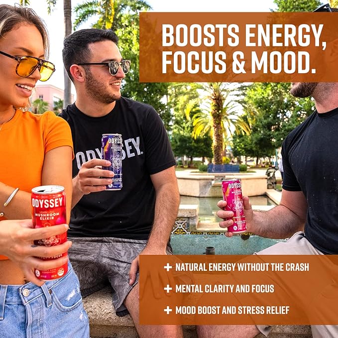 Odyssey Elixir Functional Beverage - Adaptogen Drink with Lions Mane, Cordyceps, L Theanine & Green Tea Caffeine - for Cognition, Energy & Mood Boost - 0 Added Sugar - Orange - 12 Fl oz, 12 Pack
