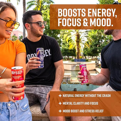 Odyssey Elixir Functional Beverage - Adaptogen Drink with Lions Mane, Cordyceps, L Theanine & Green Tea Caffeine - for Cognition, Energy & Mood Boost - 0 Added Sugar - Orange - 12 Fl oz, 12 Pack