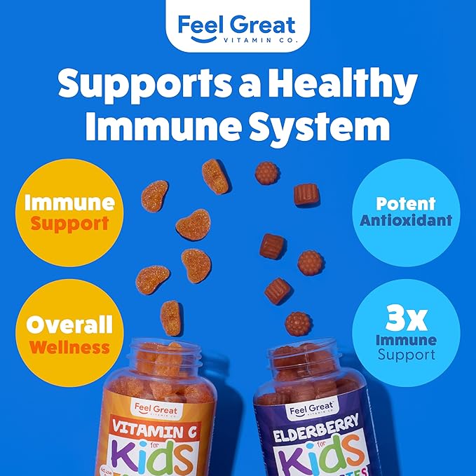 Feel Great Immune Support Gummies for Kids Duo - 90 Day Supply - Zinc, Vitamin C, Elderberry - Gluten Free, Plant Based - Tasty Berry & Citrus Gummies