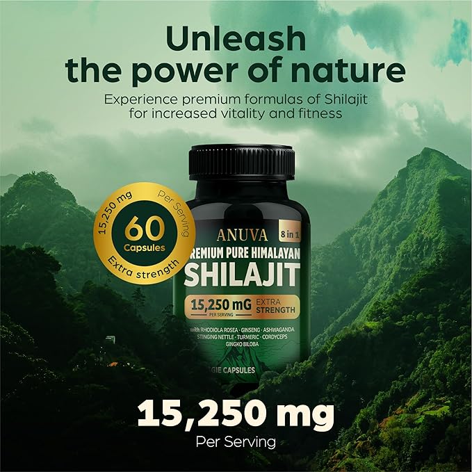 Anuva Pure Premium Himalayan Shilajit 15,250mg, with Ashwagandha, Cordyceps Mushroom, Turmeric, Ginseng, Gingko Biloba, Stinging Nettle, 60 Vegetarian Capsules | Shilajit for Men, Shilajit for Women