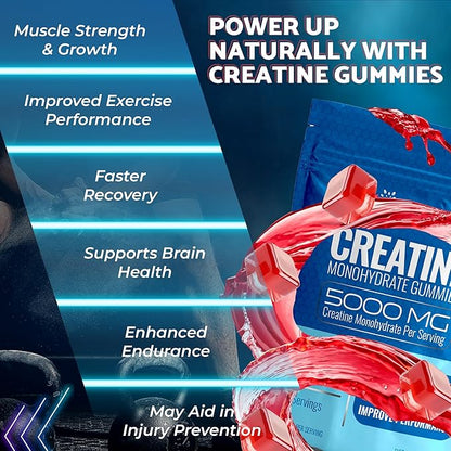 Creatine Gummies 5000mg, 30 Servings Creatine Monohydrate Gummies - Creatine for Women, Strawberry Flavor Creatine Gummies for Men, Muscle Growth, Strength, and Recovery, Vegan, Non-GMO, Gluten Free