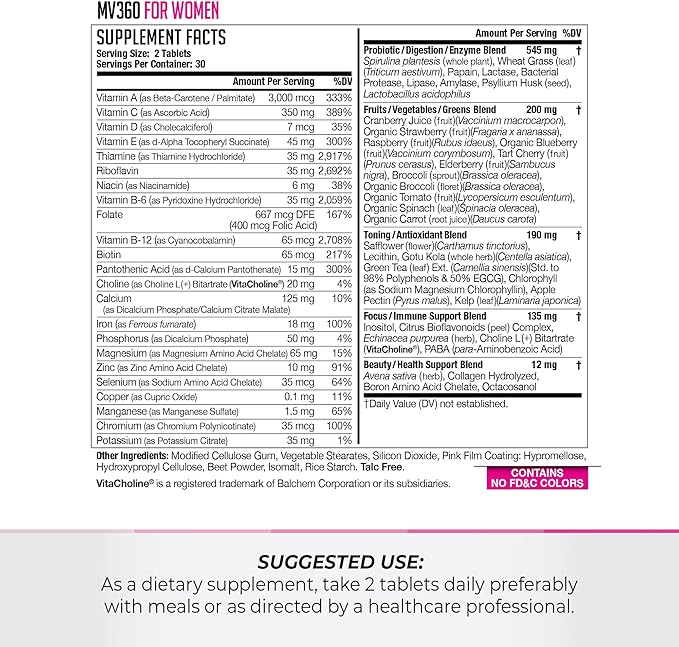 NDS Nutrition MV360 For Women, 5-in-1 Complete Multivitamin for Women with Essential Women’s Vitamins for Energy, Digestion, Toning, Immune Support, & Women’s Health & Beauty, 60 Tablets, 30 Servings