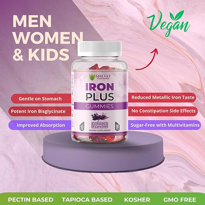 Iron Gummies For Women, Men &Kids - Vegan,Gluten Free(Grape) Immune Support,Family Iron supplements for women anemia,Chewable iron supplements for men-Kids iron Gummies with Iron Vitamin C&A -USA Made