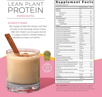 One Sol Lean Plant Protein Powder Horchata, Low Carb, Gluten Free, Lactose-Free, No Sugar Added, Soy Free, Non-GMO, 100% Plant-Based & Vegan Friendly