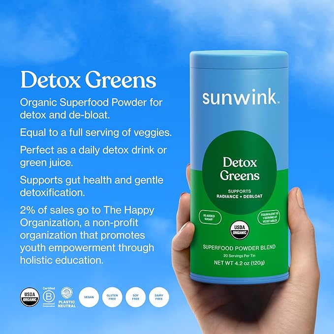 Sunwink Detox Powdered Greens - Organic Greens SuperFood Powder for Debloat - Super Greens Powder w/Celery, Dandelion, Spirulina - Daily Greens Powder for Gentle Detox - 4.2 oz (20 Servings)