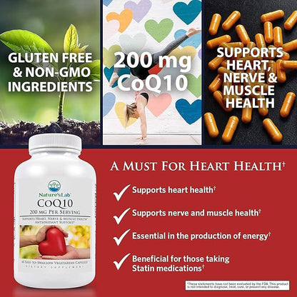 Nature's Lab CoQ10 200mg Nutritional Supplement - Supports Heart, Nerve & Muscle Health* - 60 Count (2 Month Supply)
