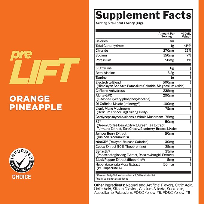Rule 1 preLIFT Pre-Workout, 6g Citrulline, 3.2g Beta Alanine, 3 Caffeine Sources + 20 Others for Energy, Alertness, & Endurance (30 Servings, Orange Pineapple)