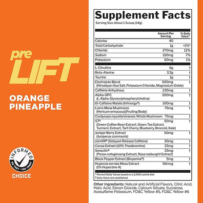 Rule 1 preLIFT Pre-Workout, 6g Citrulline, 3.2g Beta Alanine, 3 Caffeine Sources + 20 Others for Energy, Alertness, & Endurance (30 Servings, Orange Pineapple)