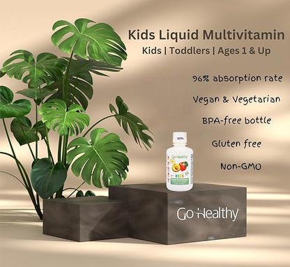 Go Healthy Kids Liquid Multivitamin - Vegan Vitamin Supplement Supports Children's Growth, Development & Immune Function, Ages 1 & Up, Delicious Fruit Flavor - 32 Servings
