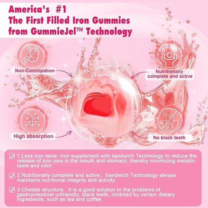 Iron Bisglycinate 26mg Filled Gummies- Gentle Beet Root Iron Gummy plus Vitamin C, Supplement Iron with B12 & Folate for Women & Men, Iron Deficiency, Immune & Energy Support, Sugar-Free, Vegan,120Cts