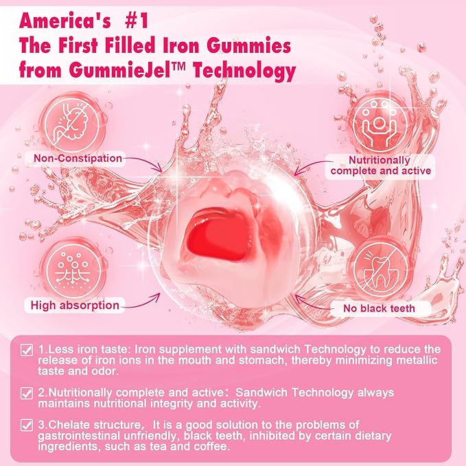 Iron Bisglycinate 26mg Filled Gummies - Gentle Beet Root Iron Gummy plus Vitamin C, Supplement Iron with B12 & Folate for Women & Men, Iron Deficiency, Immune & Energy Support, Sugar-Free, Vegan,60Cts