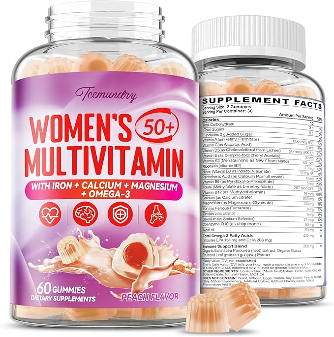 Multivitamin Gummies for Women 50 Plus - with Omega 3, Coenzyme Q10, Iron, Calcium, Zinc, Vitamin A, C, D3, E, K2, B Complex, Folate - Multi Vitamins & Minerals for Energy, Immunity, Eye, Skin