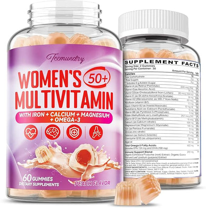 Multivitamin Gummies for Women 50 Plus - with Omega 3, Coenzyme Q10, Iron, Calcium, Zinc, Vitamin A, C, D3, E, K2, B Complex, Folate - Multi Vitamins & Minerals for Energy, Immunity, Eye, Skin
