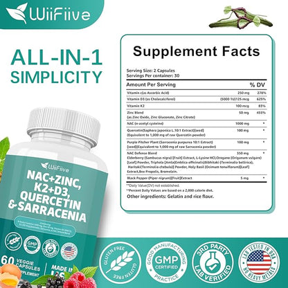 NAC Supplement N-Acetyl Cysteine NAC 1000mg Zinc Blend 50mg k2 100mcg Vitamin D3 5000 IU N-Acetyl Cysteine 1000mg Quercetin 1000mg Sarracenia Purpurea 1000mg L-Lysine Supplement, 60 Count