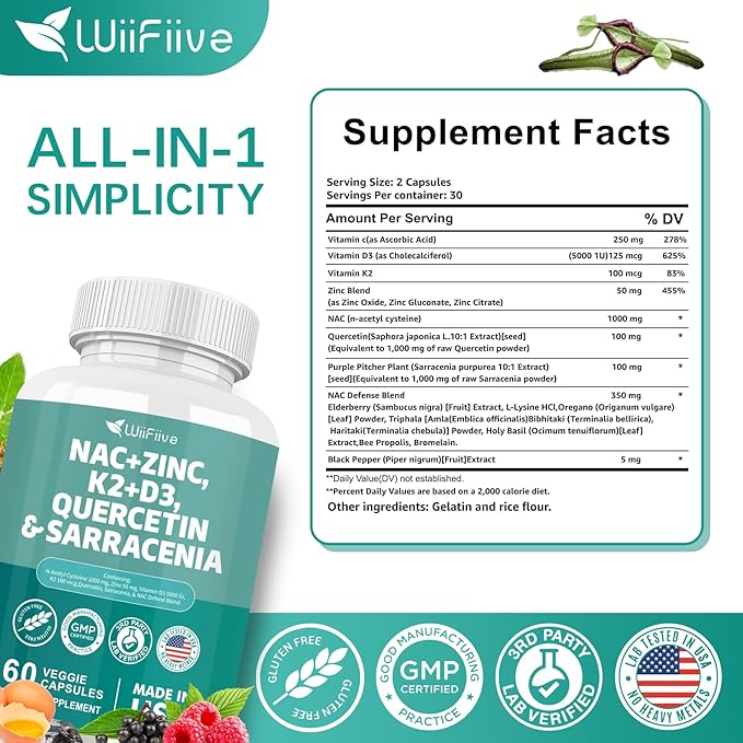 NAC Supplement N-Acetyl Cysteine NAC 1000mg Zinc Blend 50mg k2 100mcg Vitamin D3 5000 IU N-Acetyl Cysteine 1000mg Quercetin 1000mg Sarracenia Purpurea 1000mg L-Lysine Supplement, 60 Count