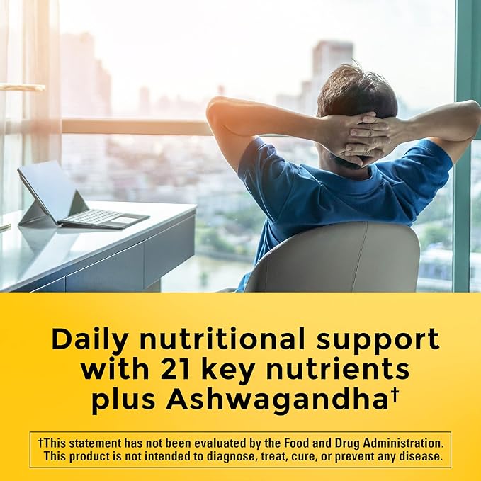 Nature Made Multi + Ashwagandha, Multivitamin for Daily Stress Relief Support, One Per Day Multivitamin, 60 Capsules