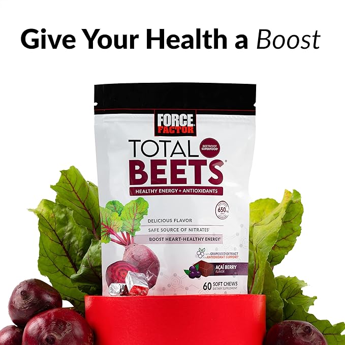 Force Factor Total Beets Soft Chews with Beetroot, Nitrates, L-Citrulline, Grapeseed Extract, & Antioxidants, Healthy Energy Supplement with Elite Ingredients for Heart, Superfood, 180 Count, 3-Pack