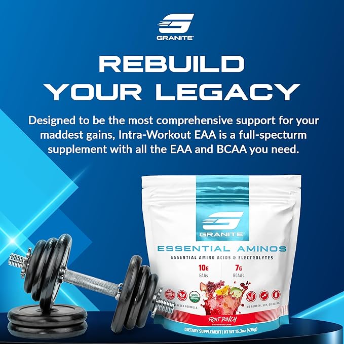 Granite 10g Essential Amino Acids Powder | Muscle Recovery Supplement for Muscle Growth | 7g BCAA Powder with Electrolytes | 30 Servings | Fruit Punch Flavor | Soy & Gluten Free | Made in USA