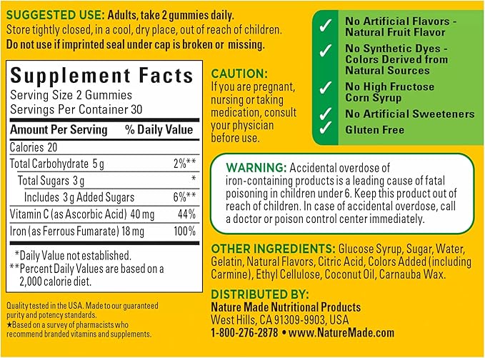 Nature Made Iron 18 mg per serving with Vitamin C, Dietary Supplement for Red Blood Cell Support, 60 Gummies, 30 Day Supply