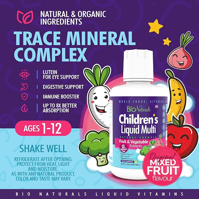 Bio Naturals Children's Liquid Multivitamin & Immune Booster - Natural Supplement for Kids & Toddlers with Vitamins A B C D3 E, Fiber, Fruits & Vegetables - No GMOs, Gluten, Sugar, Dairy, Soy - 16oz