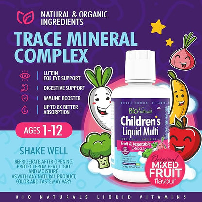 Bio Naturals Children's Liquid Multivitamin & Immune Booster - Natural Supplement for Kids & Toddlers with Vitamins A B C D3 E, Fiber, Fruits & Vegetables - No GMOs, Gluten, Sugar, Dairy, Soy - 16oz