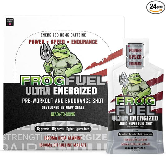 Frog Fuel Ultra Energized Pre Workout Shot & Energy Gel, 80mg Caffeine, 1500mg Beta Alanine, Electrolytes 8g Protein Nano-Hydrolyzed Grass Fed Collagen, 10g Carbs, Berry, 1.2 oz Packets, 24 Pack