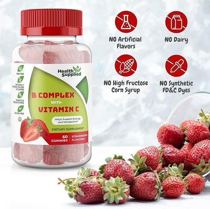 Strawberry Flavored Vitamin B Complex Gummies - B Complex with Vitamin C - Supports Nervous System and Boosts Energy Levels - Assists with Cognitive Function - Great Tasting and Easy to Swallow