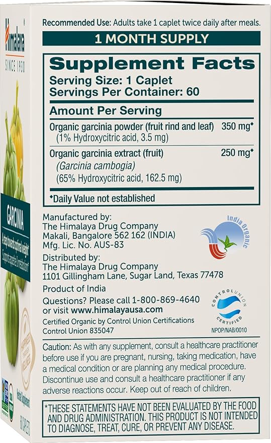 Himalaya Organic Garcinia Cambogia Herbal Supplement, Appetite Control, Lipid Metabolism, Weight Support, USDA Organic, Non-GMO, Vegan, 600 mg, 60 Plant-Based Caplets, 2 Pack