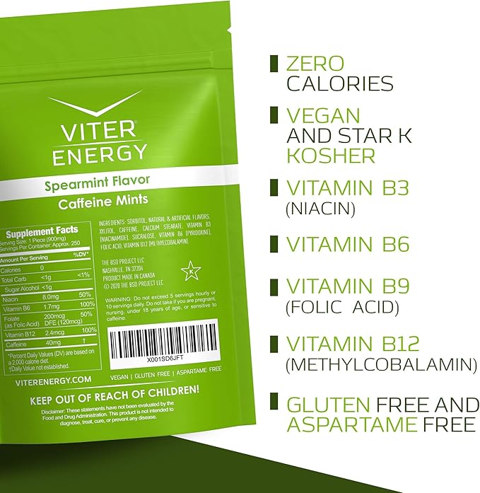 Viter Energy Caffeinated Mints 40mg Caffeine, B Vitamins, Sugar Free. (Spearmint, 8oz, Bulk Bag)