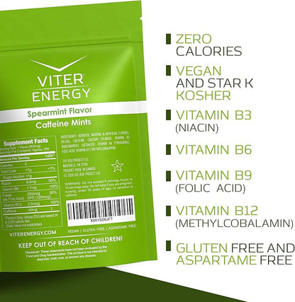 Viter Energy Caffeinated Mints 40mg Caffeine, B Vitamins, Sugar Free. (Spearmint, 8oz, Bulk Bag)
