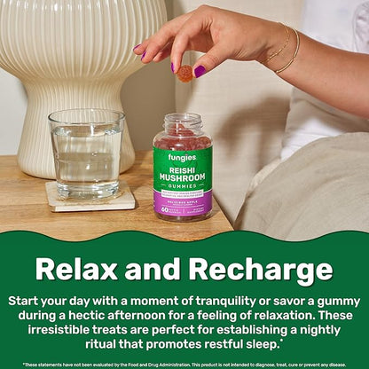 Fungies Reishi Mushroom Gummies, Delicious Apple Flavor - Mushroom Herbal Supplement Gummy for Adults Supports Immune Health, Relaxation & Healthy Aging - Calming Gummies for Sleep - 60 Servings