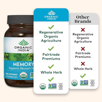 ORGANIC INDIA Memory Herbal Supplement - Brain Supplement for Memory and Focus, Bacopa Monnieri & Gotu Kola Brain Herbal Supplement, Memory Support - USDA Certified Organic, Non-GMO - 90 Capsules
