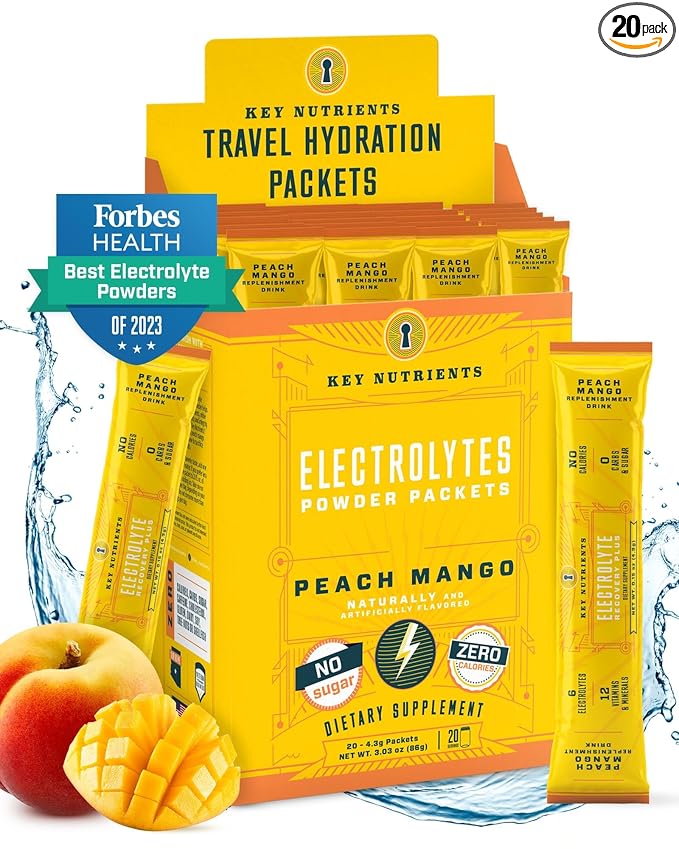 KEY NUTRIENTS Electrolytes Powder Packets - Tropical Peach Mango 20 Pack Hydration Packets - Travel Hydration Powder - No Sugar, No Calories, Gluten Free - Made in USA - Peach Mango