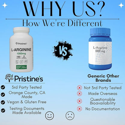 PRISTINE'S L Arginine Supplements for Men & Women - 1000mg Capsules 90 Day Supply Blood Flow & Pre Workout Amino Acid Support