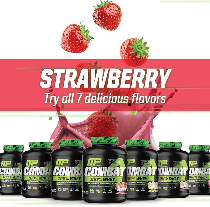 MusclePharm Combat 100% Whey Protein Powder, Strawberry Cream Flavor, Fast Recovery & Muscle Gain with Whey Protein Isolate, High Protein Powder for Women & Men, Gluten Free, 5 lb, 70 Servings