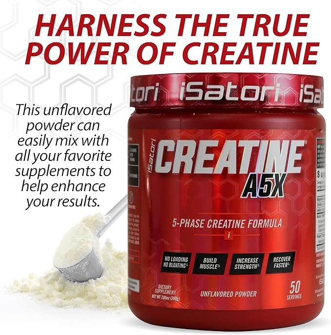 iSatori Creatine A5X, 5 Phase Creatine Powder with Creatine Monohydrate & Betaine Anhydrous, Stim-Free Pre Workout Muscle Builder & Post Workout Recovery Powder, Unflavored (50 Servings)
