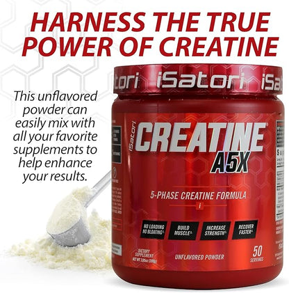 iSatori Creatine A5X, 5 Phase Creatine Powder with Creatine Monohydrate & Betaine Anhydrous, Stim-Free Pre Workout Muscle Builder & Post Workout Recovery Powder, Unflavored (50 Servings)