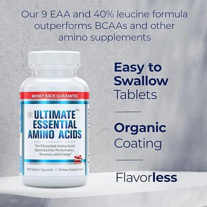 Ultimate 100% Essential Amino Acid Supplement - 300 Easy-to-Swallow, 1g Coated Tablets - All 9 EAA with 40% Leucine in Optimized BCAA Ratio - Improve Fitness & Performance - Keto, Vegan & Non-GMO