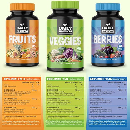 DailyBoost - 42 Different Whole Food Fruits and Veggies Supplement with Berries for Natural Energy Boost - Balance of 100% Fruit and Vegetables Capsules from Nature - Made in The USA