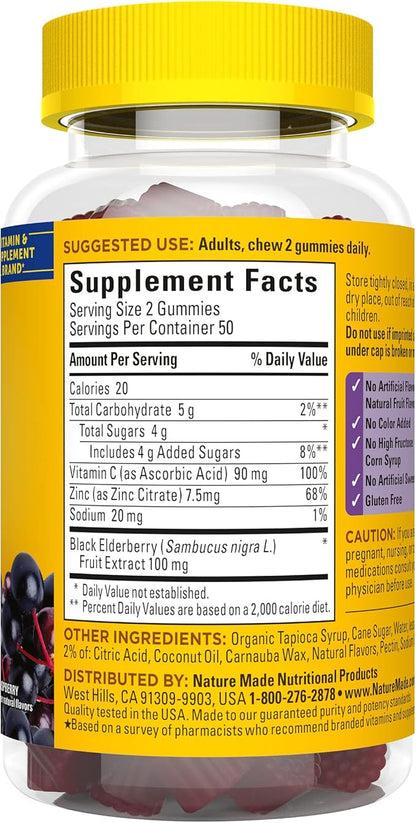 Nature Made Elderberry with Vitamin C and Zinc, Dietary Supplement for Immune Support, 100 Gummies, 50 Day Supply