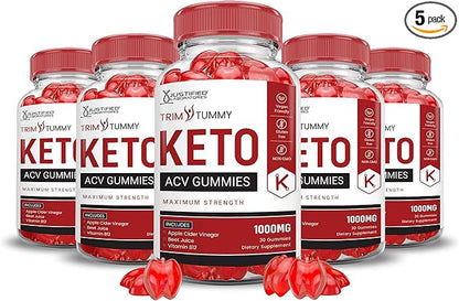 (5 Pack) Trim Tummy Keto ACV Gummies Advanced Formula 1000MG Trim Tummy Keto Gummies Apple Cider Vinegar Formulated with Pomegranate Beet Juice Powder B12 Vegan Non GMO 300 Gummys