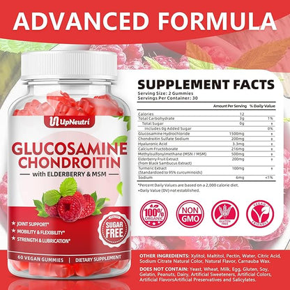Sugar Free Glucosamine Chondroitin Gummies, Extra Strength 1500mg Glucosamine with Chondroitin MSM & Elderberry & Turmeric, Joint Support Supplement for Men & Women Joint Health