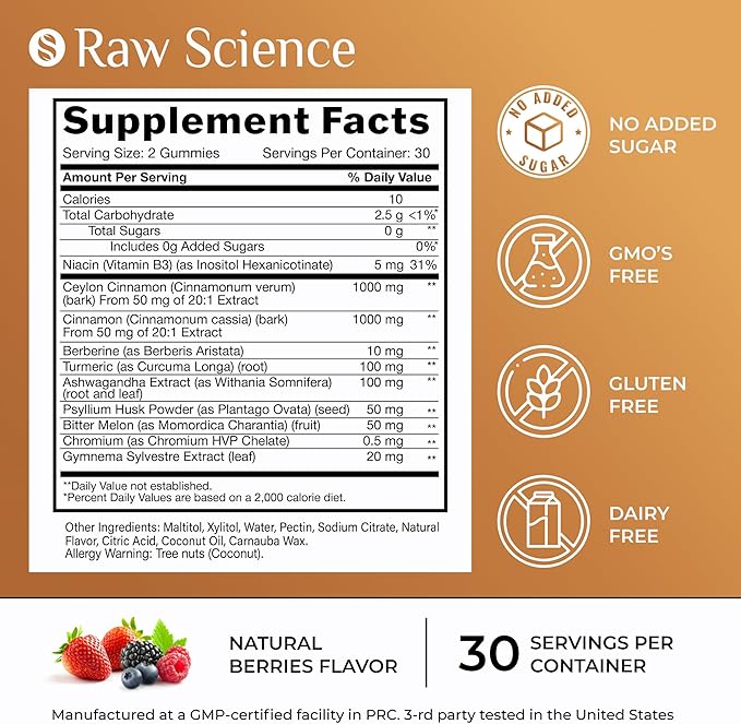 S RAW SCIENCE Sugar Free Berberine Gummies with Ceylon Cinnamon 2000mg - Blood Support - Ashwagandha, Turmeric, Chromium, Psyllium Husk Powder, Gymnema Sylvestre - 60 Fiber Gummies