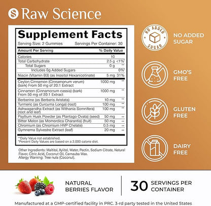S RAW SCIENCE Sugar Free Berberine Gummies with Ceylon Cinnamon 2000mg - Blood Support - Ashwagandha, Turmeric, Chromium, Psyllium Husk Powder, Gymnema Sylvestre - 60 Fiber Gummies