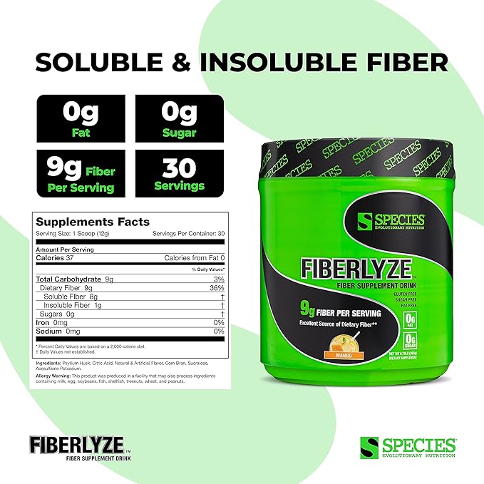 Species Nutrition Fiberlyze Fiber Supplement, Psyllium Based Soluble & Insoluble Fiber Powder for Healthy Colon, Digestive Functions (Mango, 30 Servings)