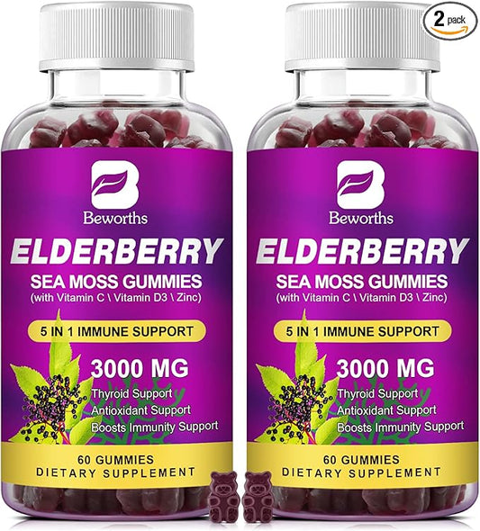 Elderberry & Irish Sea Moss Gummies, Organic Black Sambucus Elderberry Gummies with Seamoss, Zinc, Vitamin C, D3 for Kids, Elderberry Vitamin Supplements for Immune & Energy Support - Vegan