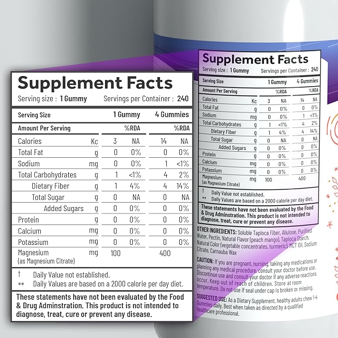 Magnesium Citrate Gummies - Sugar-Free, Vegan and Non-GMO for Better Sleep and Relaxation - No Sugar Alcohol - Magnesium Supplement for Adults, Teens and Kids - Peach Mango - 240 Chews