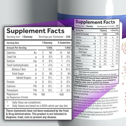 Magnesium Citrate Gummies - Sugar-Free, Vegan and Non-GMO for Better Sleep and Relaxation - No Sugar Alcohol - Magnesium Supplement for Adults, Teens and Kids - Peach Mango - 240 Chews