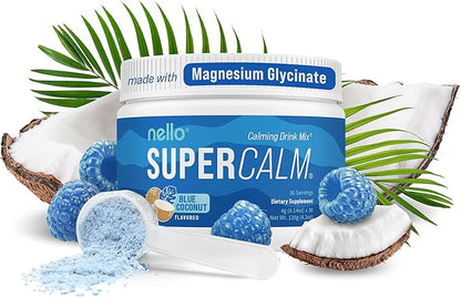 Nello Supercalm Powdered Drink Mix, Blue Coconut, L Theanine, Ksm-66 Ashwagandha, Magnesium Glycinate, Vitamin D 3, Supplements for Relaxation & Focus, No Sugar, Non GMO, Vegan, On The Go, 30 Srvgs
