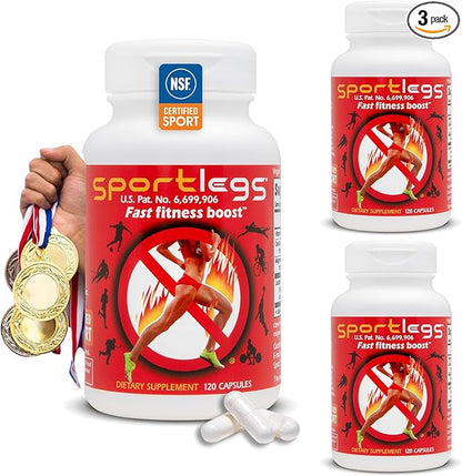 SPORTLEGS Fast Fitness Boost Pre Workout Lactic Acid Supplement, Sports Endurance Fuel - NSF Certified for Sport, 120-Capsule Bottle, Pack of 3